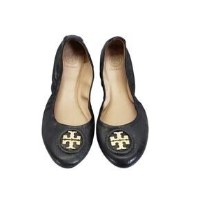 Tory Burch Size 6.5  Black Gold Logo Workwear Leather Closed Toe Luxury Flats